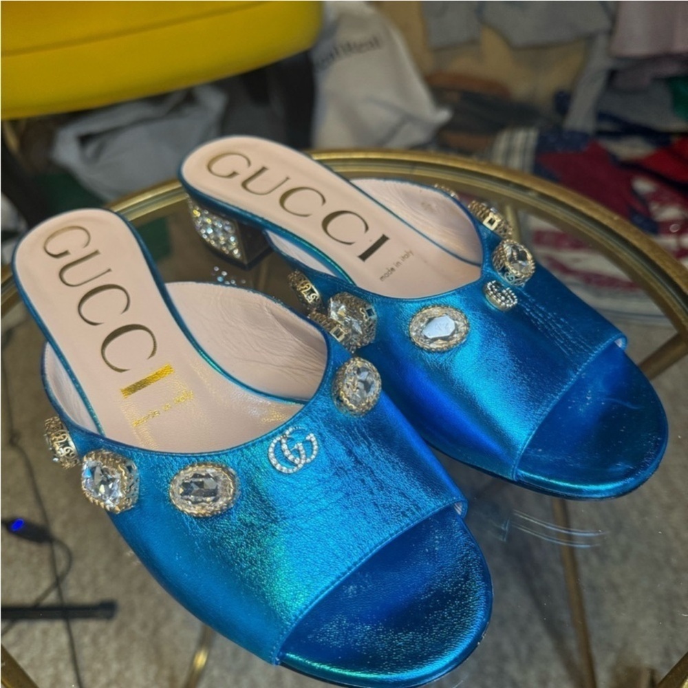 Gucci Metallic Blue Embellished Mules